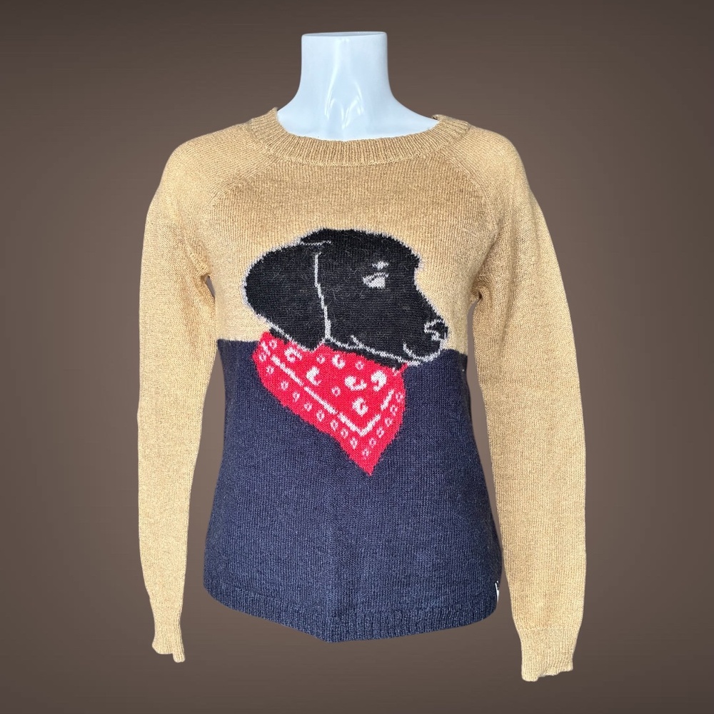 Women's Woolrich Navy & Tan Dog Motif Mohair Crew sweater, Wool Blend, X-Small